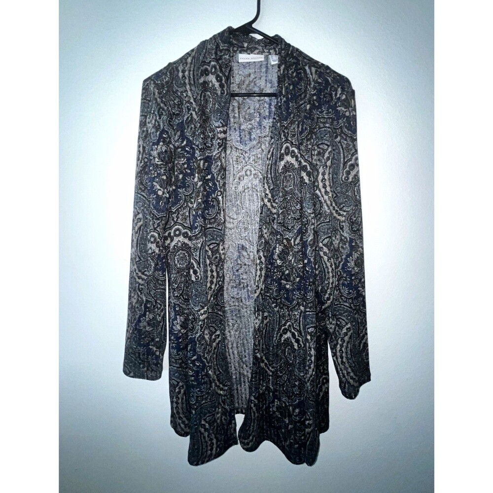 Susan Graver Paisley Open Front Cardigan Sweater L Long Sleeve Black Gray
